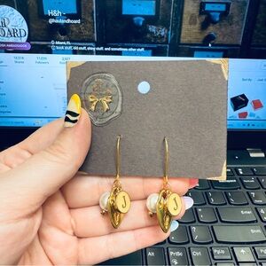 Gold Tone Faux Pearl Initial Drop Earrings